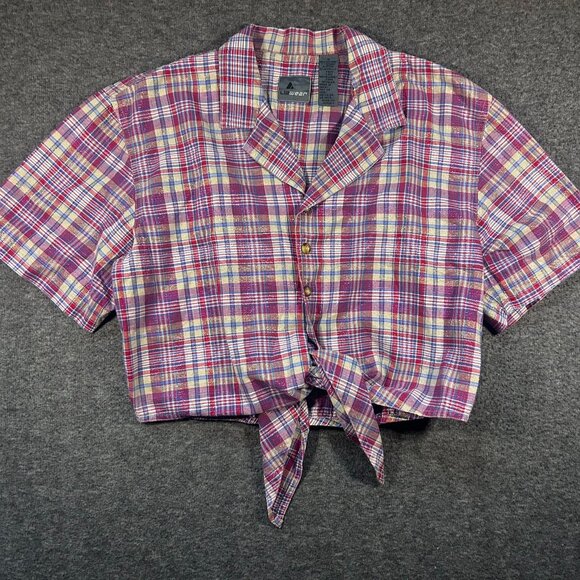 Liz Claiborne Tops - Vintage LizWear Metallic Plaid Button-Up Tie Front Shirt  Sz. M - Western Crop‎